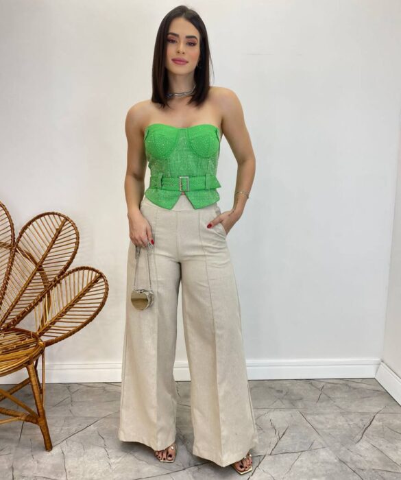 Cropped Feminino Tomara que Caia Verde sem Bojo com Cinto - Fernanda Ramos Store