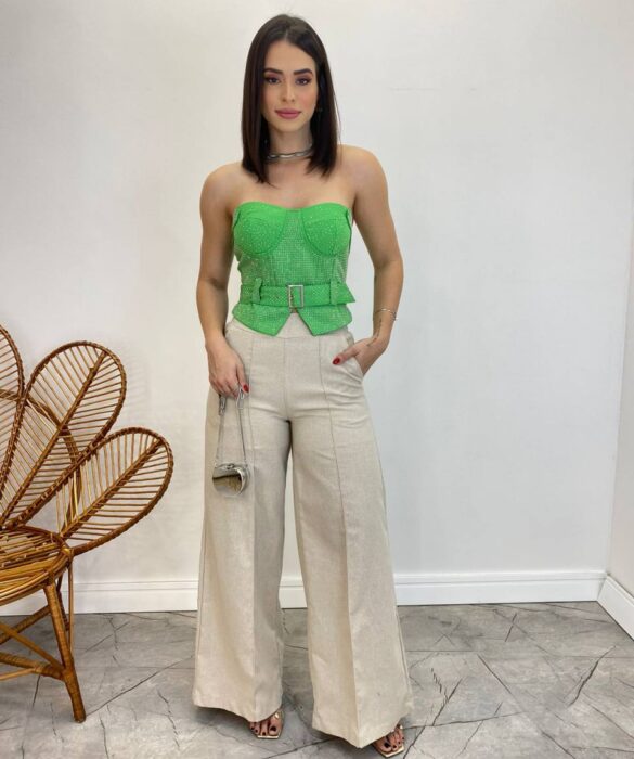 Cropped Feminino Tomara que Caia Verde sem Bojo com Cinto - Fernanda Ramos Store