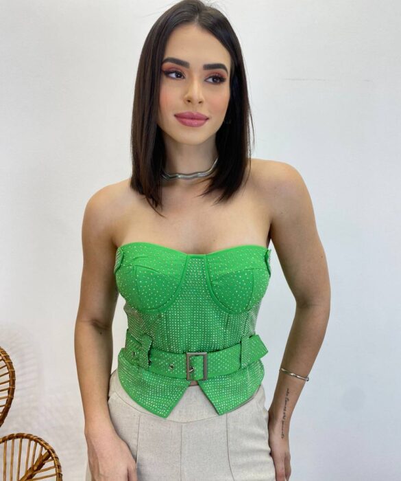 Cropped Feminino Tomara que Caia Verde sem Bojo com Cinto - Fernanda Ramos Store