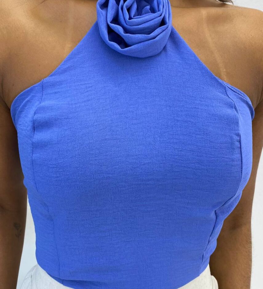 Cropped Frente Única sem Bojo Detalhe em Flor Azul - Fernanda Ramos Store