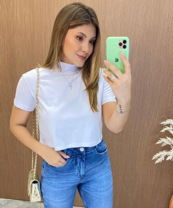 Cropped Manga Curta Básica com Gola Branco - Fernanda Ramos Store