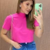 Cropped Manga Curta Básica com Gola Pink - Fernanda Ramos Store