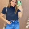 Cropped Manga Curta Básica com Gola Preta - Fernanda Ramos Store