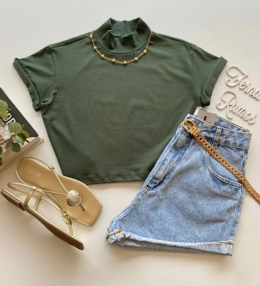 Cropped Verde Militar Gola Alta de Manga Curta - Fernanda Ramos Store