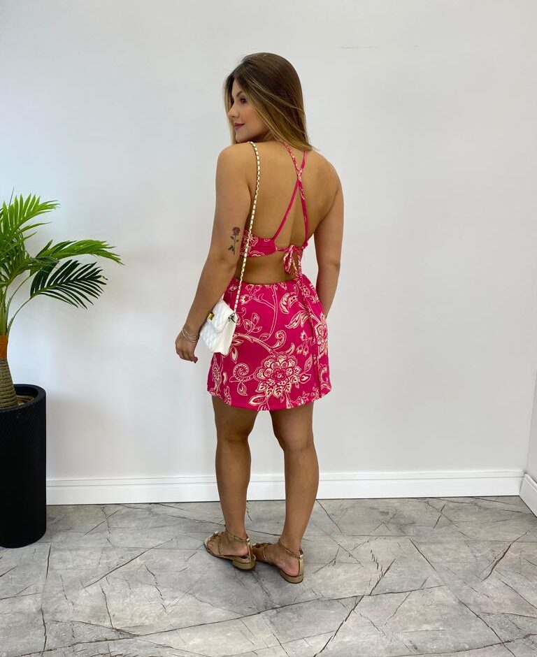 Macaquinho Feminino Ana com Bojo e Abertura Estampado Pink - Fernanda Ramos Store