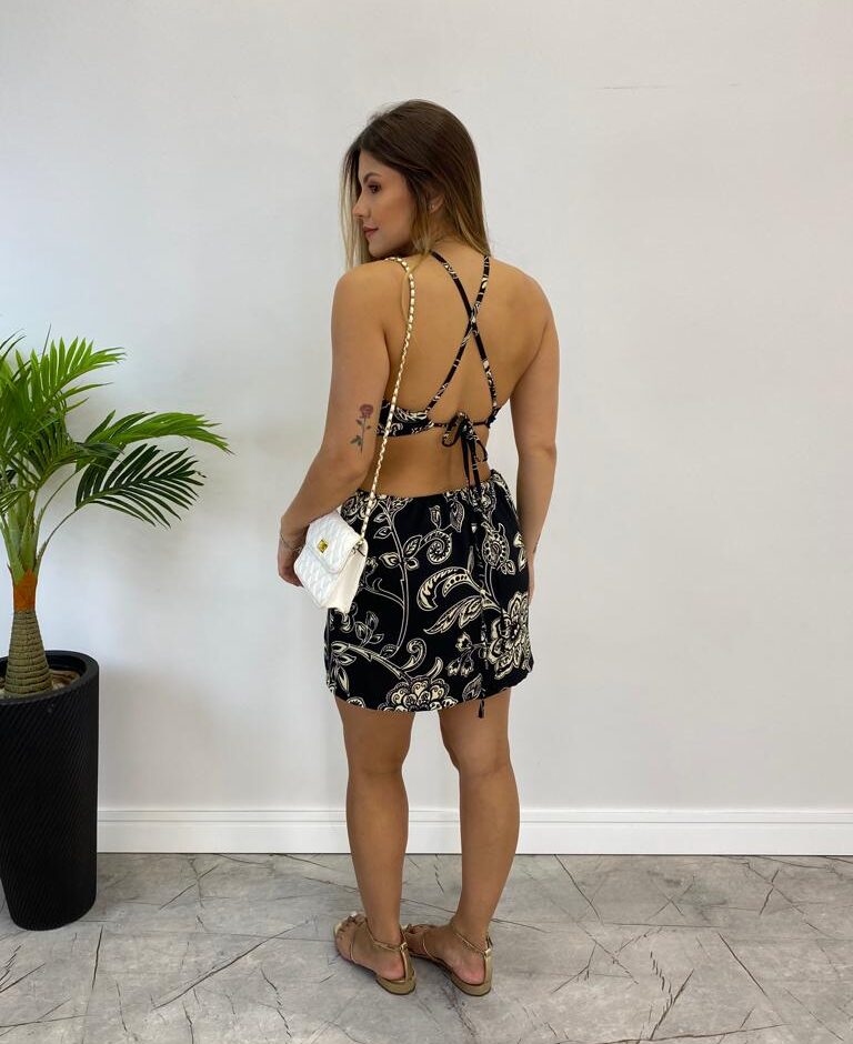 Macaquinho Feminino Ana com Bojo e Abertura Estampado Preto - Fernanda Ramos Store