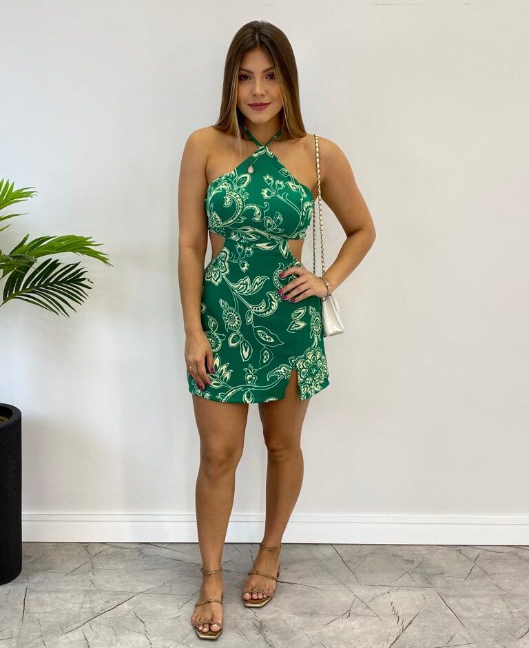 Macaquinho Feminino Ana com Bojo e Abertura Estampado Verde - Fernanda Ramos Store