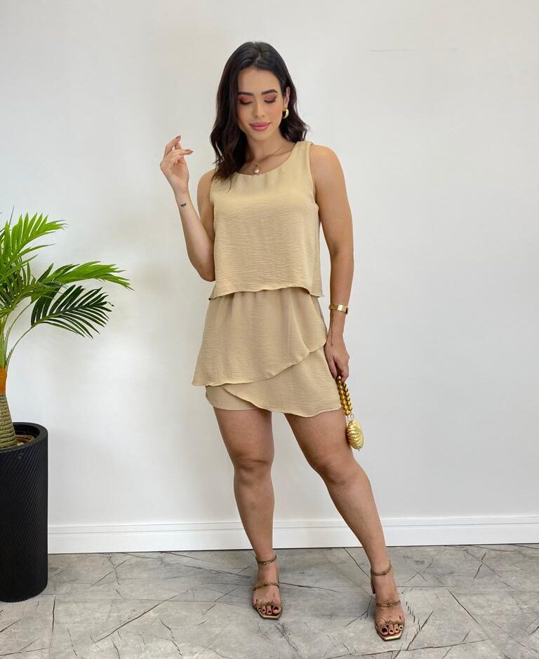 Macaquinho Feminino Rebeca sem Bojo Nude em Camadas - Fernanda Ramos Store
