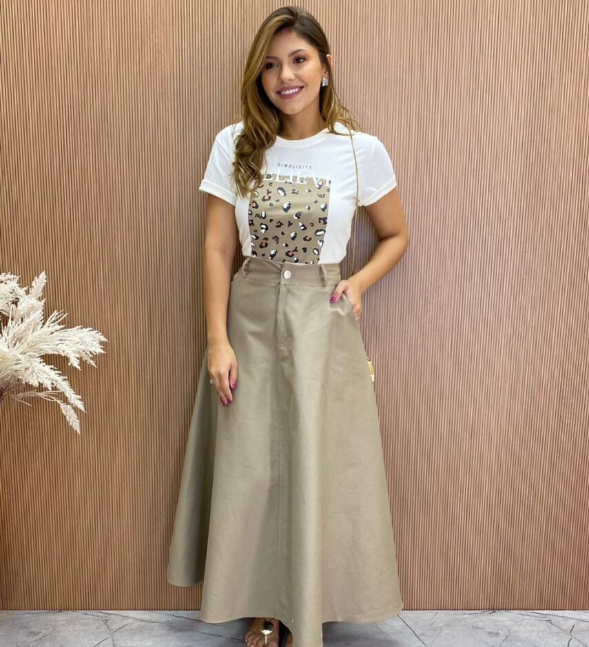 Saia Longa Feminina Ana Sarja com Bolsos Caqui - Fernanda Ramos Store