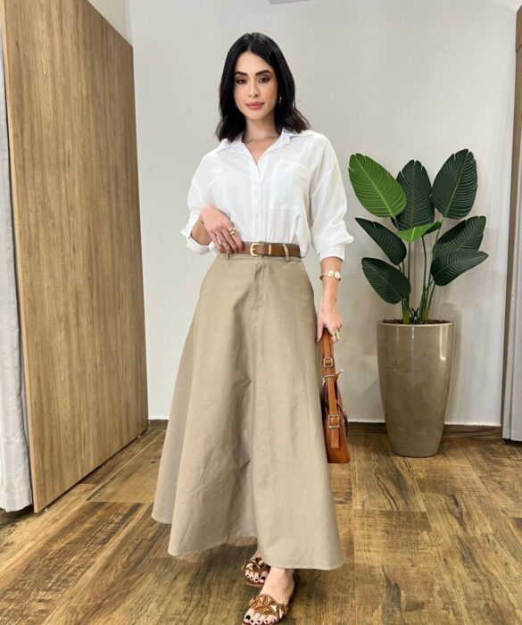 Saia Longa Feminina Ana Sarja com Bolsos Caqui - Fernanda Ramos Store