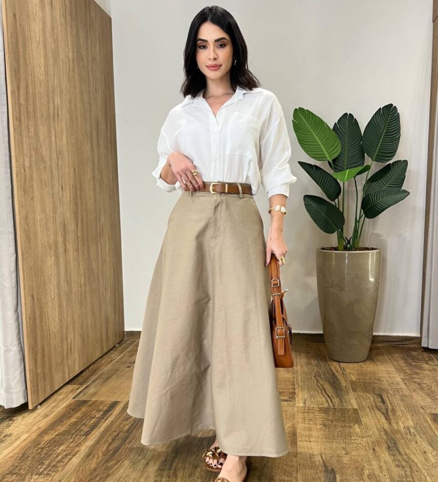 Saia Longa Feminina Ana Sarja com Bolsos Caqui - Fernanda Ramos Store