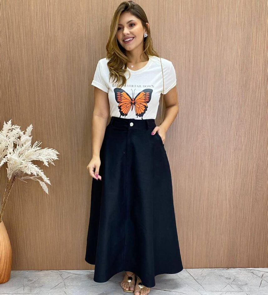 Saia Longa Feminina Ana Sarja com Bolsos Preta - Fernanda Ramos Store