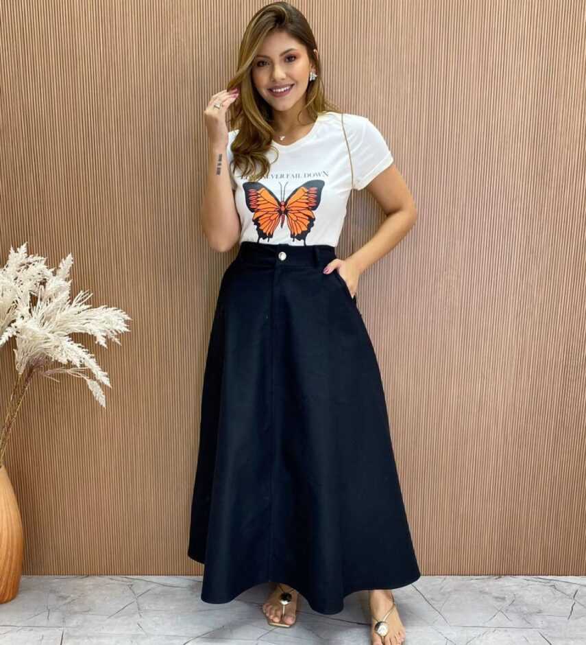 Saia Longa Feminina Ana Sarja com Bolsos Preta - Fernanda Ramos Store