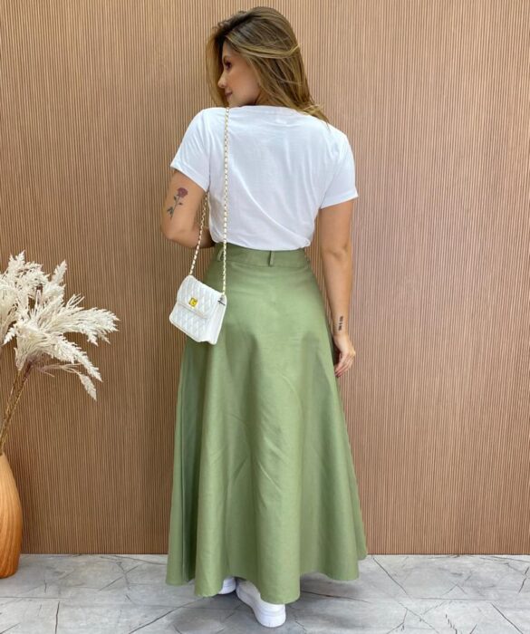 Saia Longa Feminina Ana Sarja com Bolsos Verde Militar - Fernanda Ramos Store