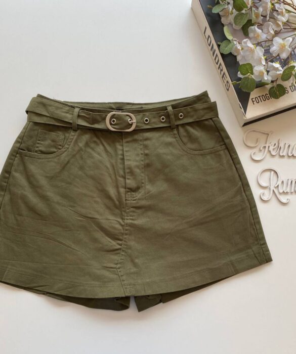 Short Saia Feminino com Cinto Manuela Verde Militar - Fernanda Ramos Store