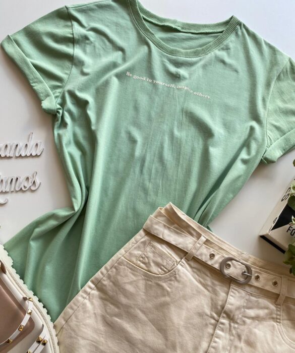 T-shirt Manga Curta Feminina Be Good To Yourself Verde Menta - Fernanda Ramos Store