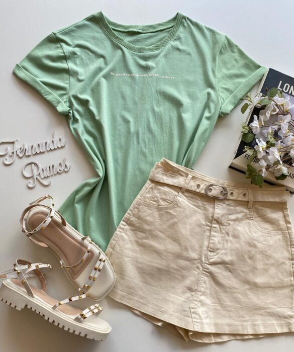 T-shirt Manga Curta Feminina Be Good To Yourself Verde Menta - Fernanda Ramos Store