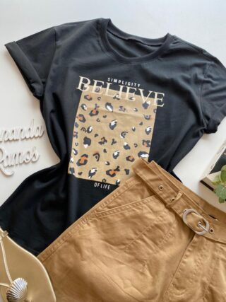 T-shirt Manga Curta Feminina Believe Preta - Fernanda Ramos Store