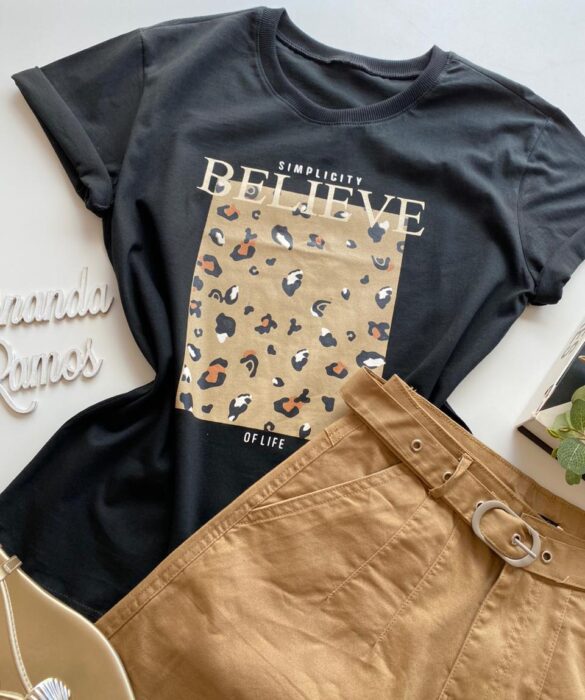 T-shirt Manga Curta Feminina Believe Preta - Fernanda Ramos Store