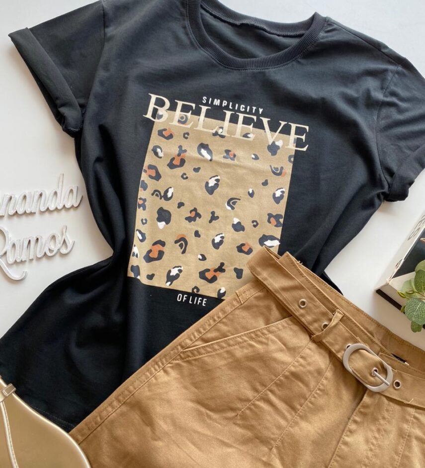 T-shirt Manga Curta Feminina Believe Preta - Fernanda Ramos Store