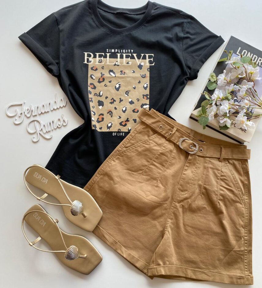T-shirt Manga Curta Feminina Believe Preta - Fernanda Ramos Store