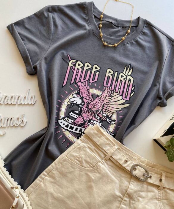 T-shirt Manga Curta Feminina Free Bird Cinza - Fernanda Ramos Store