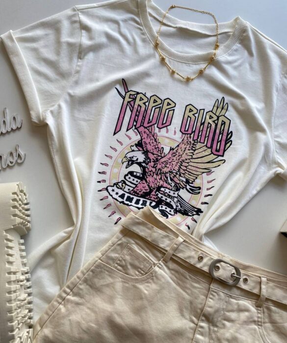 T-shirt Manga Curta Feminina Free Bird Off White - Fernanda Ramos Store