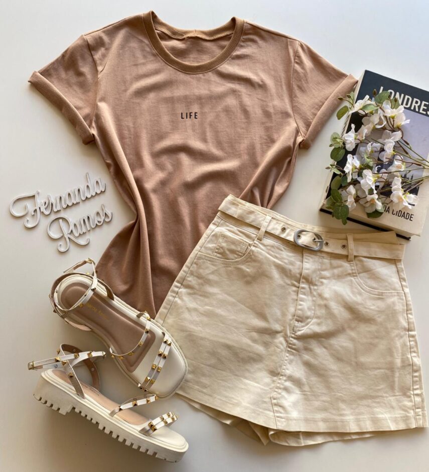 T-shirt Manga Curta Feminina Life Bege - Fernanda Ramos Store