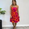 Vestido Feminino Curto com Bojo Estampado Fundo Laranja - Fernanda Ramos Store