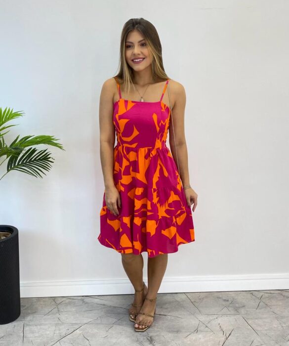 Vestido Feminino Curto com Bojo Estampado Fundo Laranja - Fernanda Ramos Store