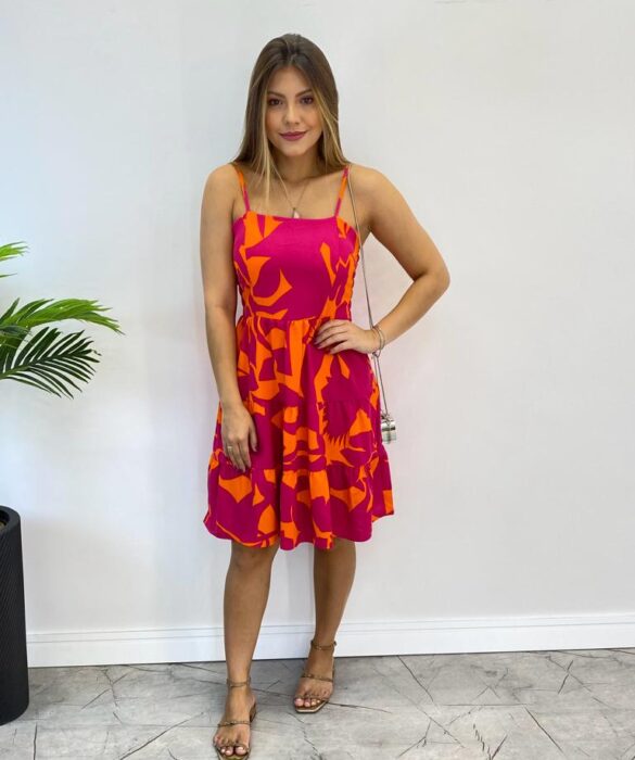 Vestido Feminino Curto com Bojo Estampado Fundo Laranja - Fernanda Ramos Store