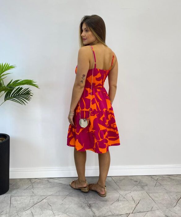 Vestido Feminino Curto com Bojo Estampado Fundo Laranja - Fernanda Ramos Store