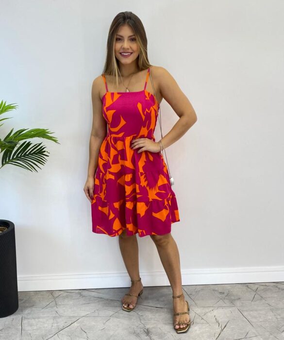 Vestido Feminino Curto com Bojo Estampado Fundo Laranja - Fernanda Ramos Store