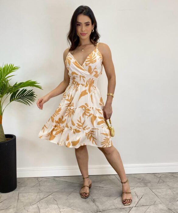 Vestido Feminino Curto Liz com Bojo Estampado Off White - Fernanda Ramos Store