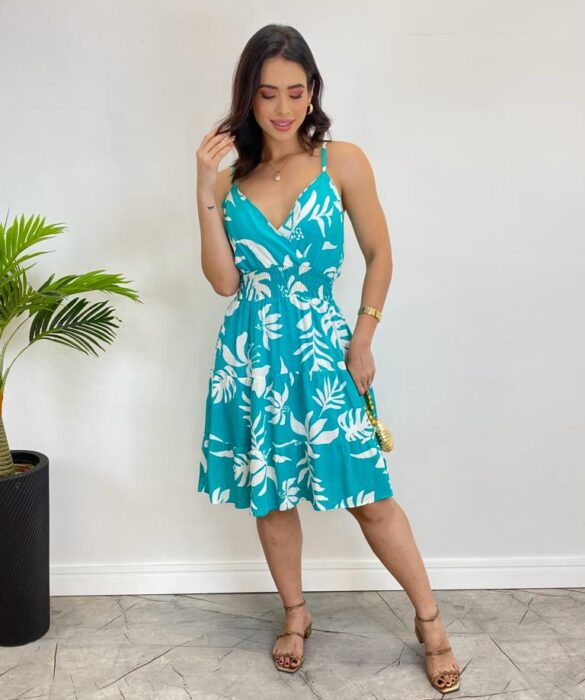 Vestido Feminino Curto Liz com Bojo Estampado Verde Água - Fernanda Ramos Store