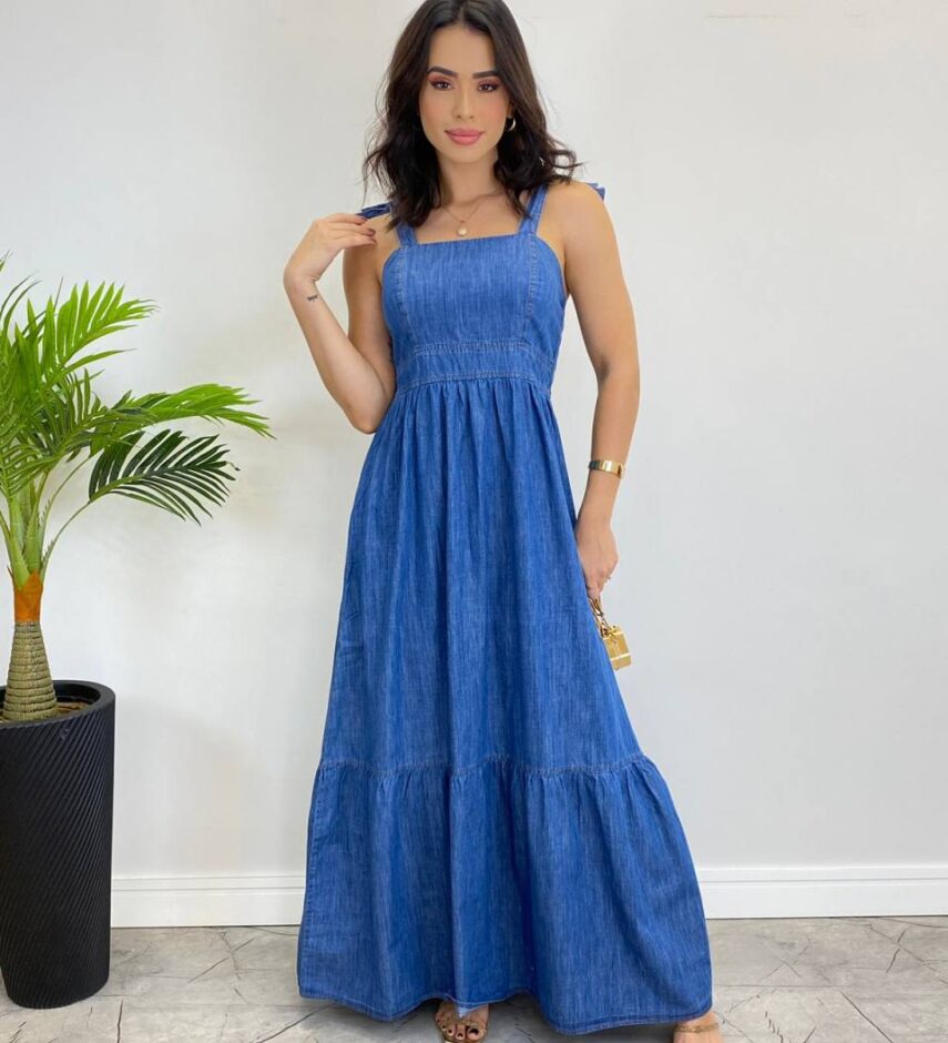 Vestido Jeans Longo sem bojo com Amarração nas Alças - Fernanda Ramos Store