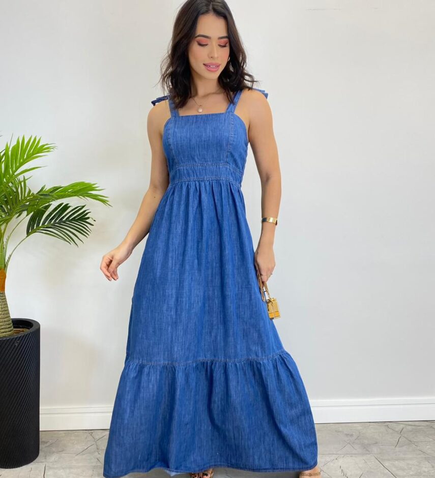 Vestido Jeans Longo sem bojo com Amarração nas Alças - Fernanda Ramos Store