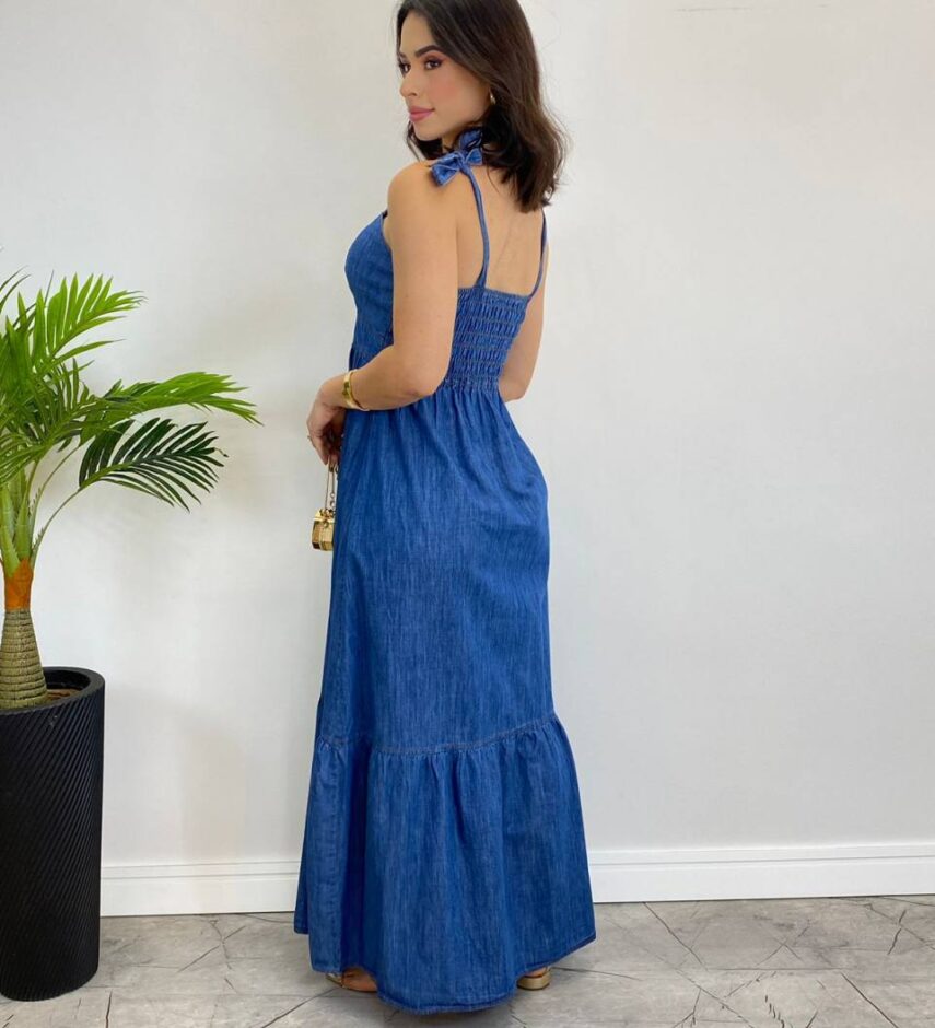 Vestido Jeans Longo sem bojo com Amarração nas Alças - Fernanda Ramos Store