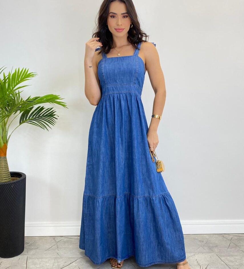 Vestido Jeans Longo sem bojo com Amarração nas Alças - Fernanda Ramos Store