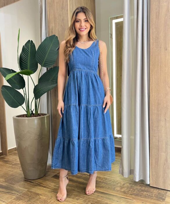 Vestido Jeans Midi sem Bojo com Amarração nas Alças - Fernanda Ramos Store