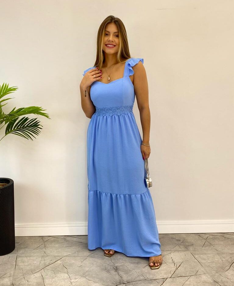 Vestido Longo Ana Azul Bebê com Bojo Detalhe em Guipir - Fernanda Ramos Store