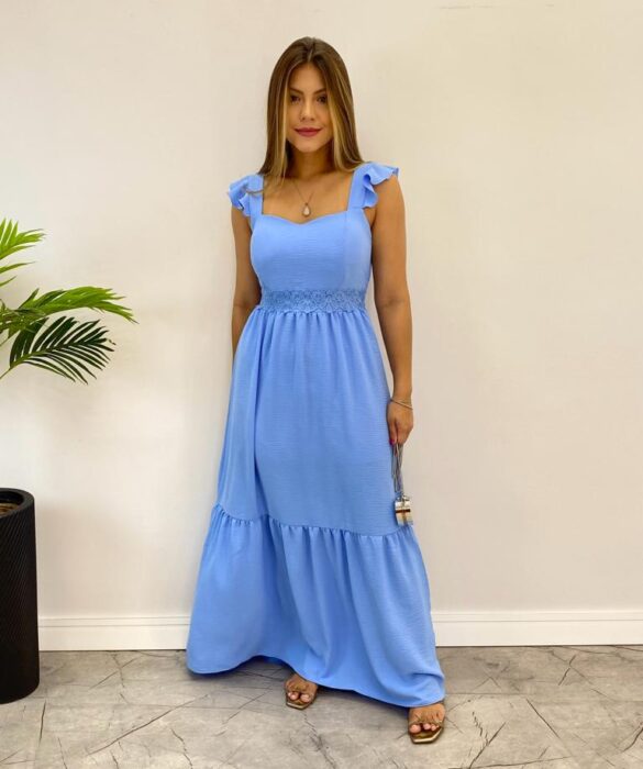 Vestido Longo Ana Azul Bebê com Bojo Detalhe em Guipir - Fernanda Ramos Store