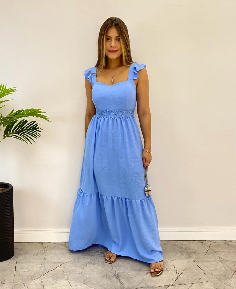 Vestido Longo Ana Azul Bebê com Bojo Detalhe em Guipir - Fernanda Ramos Store
