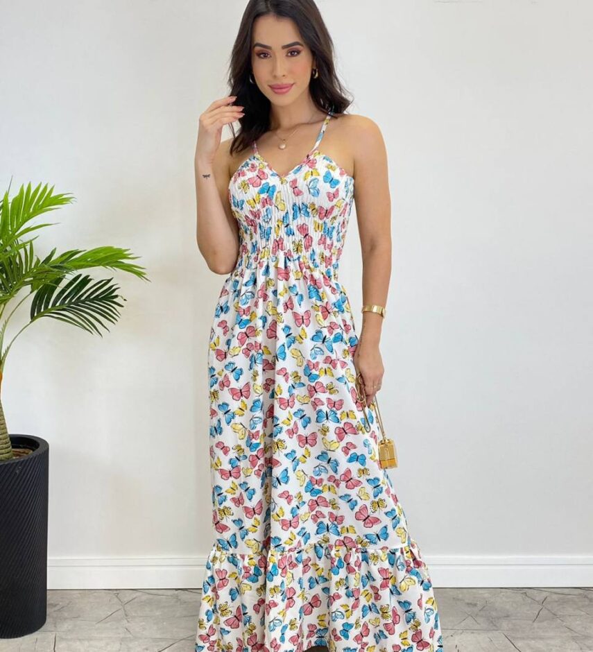 Vestido Longo Bia sem Bojo Estampa Borboletas Branco Fernanda Ramos Store