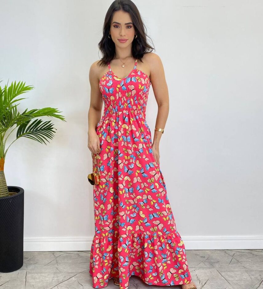 fernandaramosstore com br Vestido Longo Bia sem Bojo Estampa Borboletas Pink2