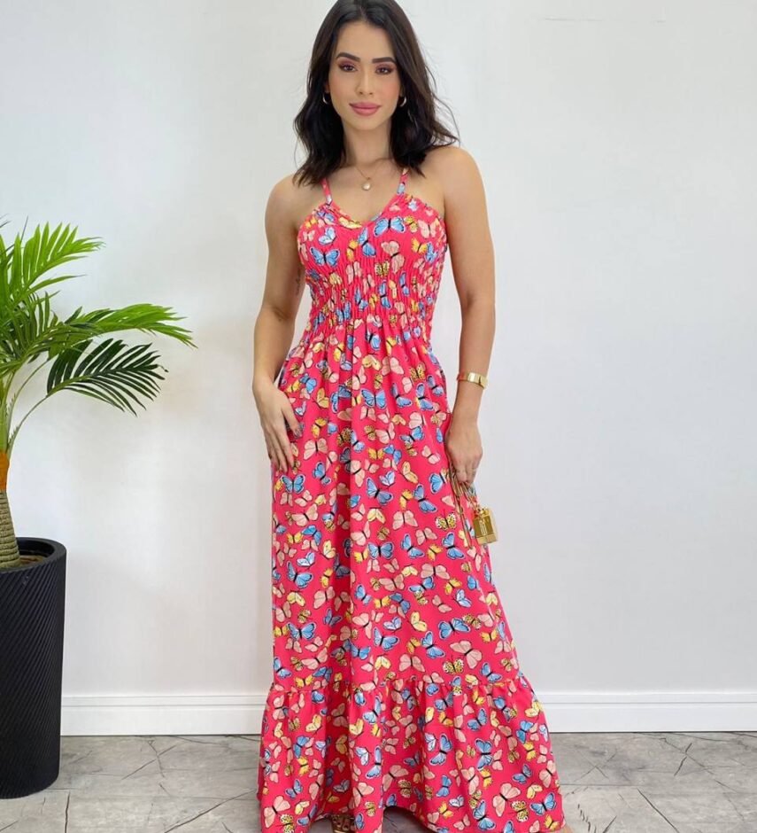 Vestido Longo Bia sem Bojo Estampa Borboletas Pink Fernanda Ramos Store