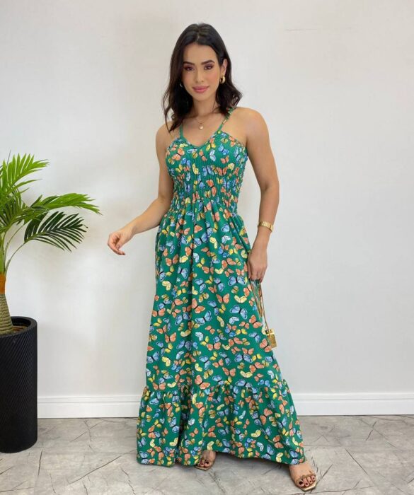 fernandaramosstore com br Vestido Longo Bia sem Bojo Estampa Borboletas Verde1