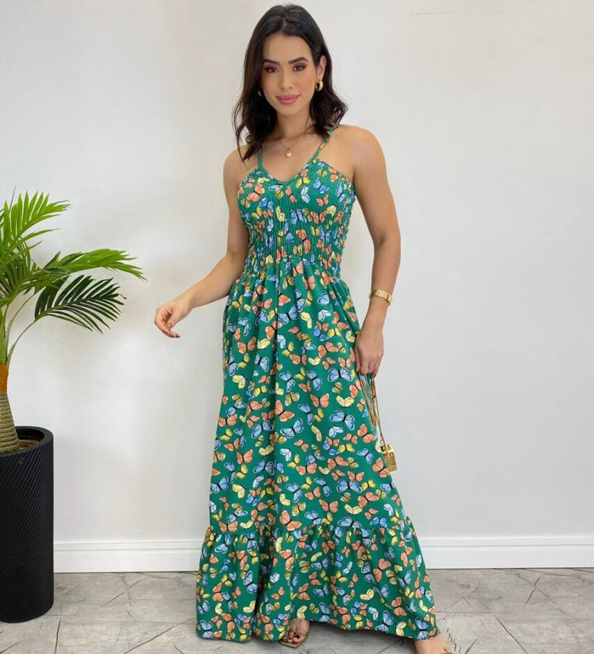 fernandaramosstore com br Vestido Longo Bia sem Bojo Estampa Borboletas Verde1