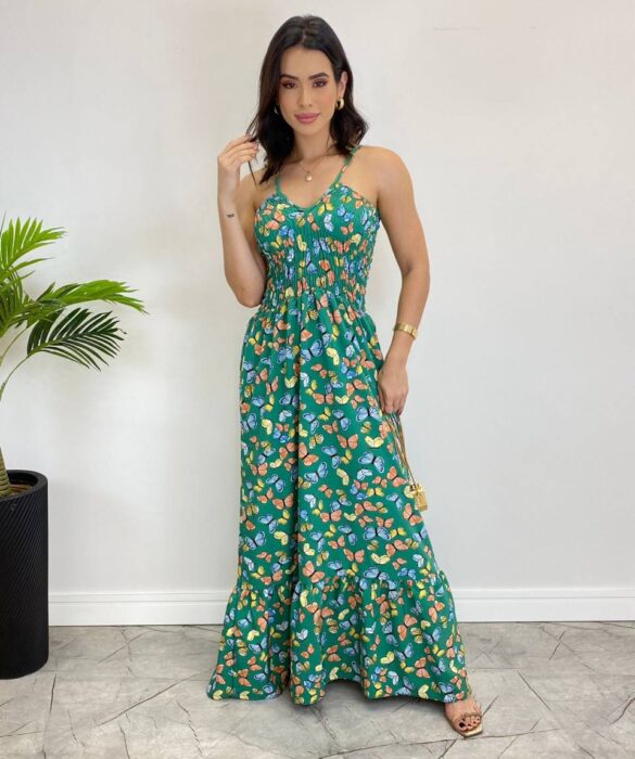 fernandaramosstore com br Vestido Longo Bia sem Bojo Estampa Borboletas Verde2