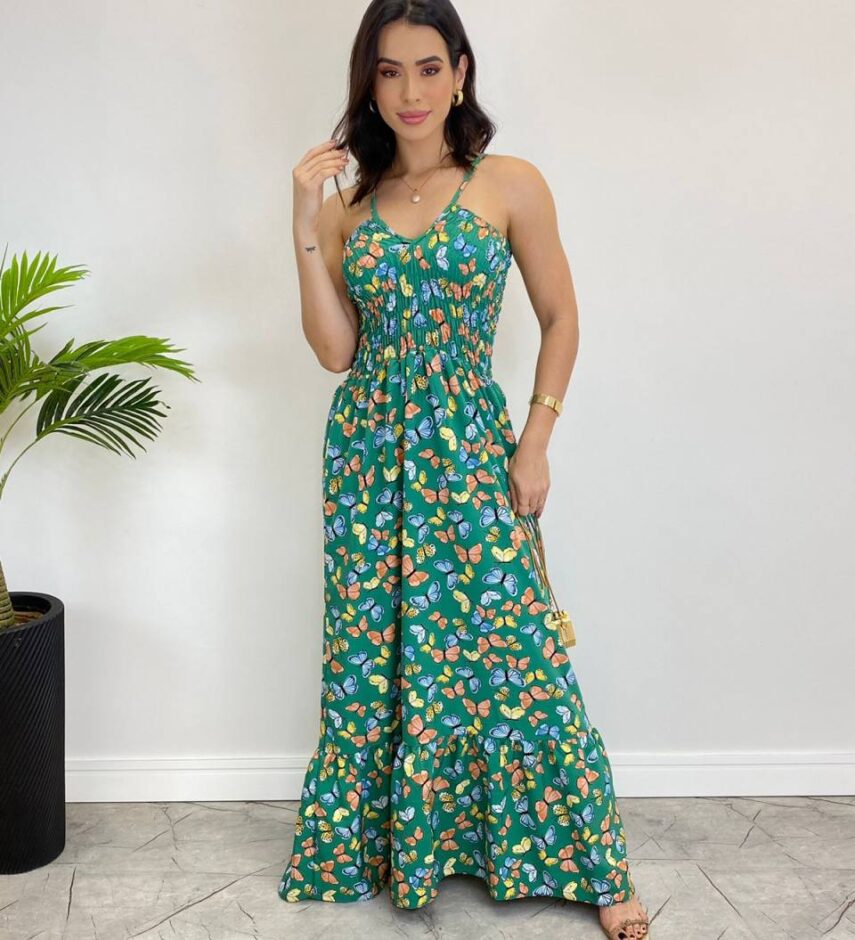 fernandaramosstore com br Vestido Longo Bia sem Bojo Estampa Borboletas Verde2